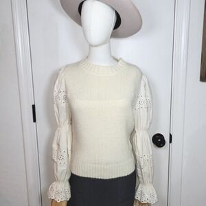 Storia Cottagecore Coquette Knit Sweater Puff Sleeve Eyelet Cream Top Small